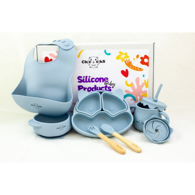Набір силіконового дитячого посуду для прикорму на присосках із харчового силікону блакитний
