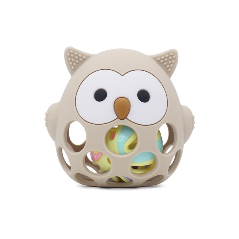 Силіконовий гризунок прорізувач-брязкальце Сова Cheeks бежевий 2 в 1